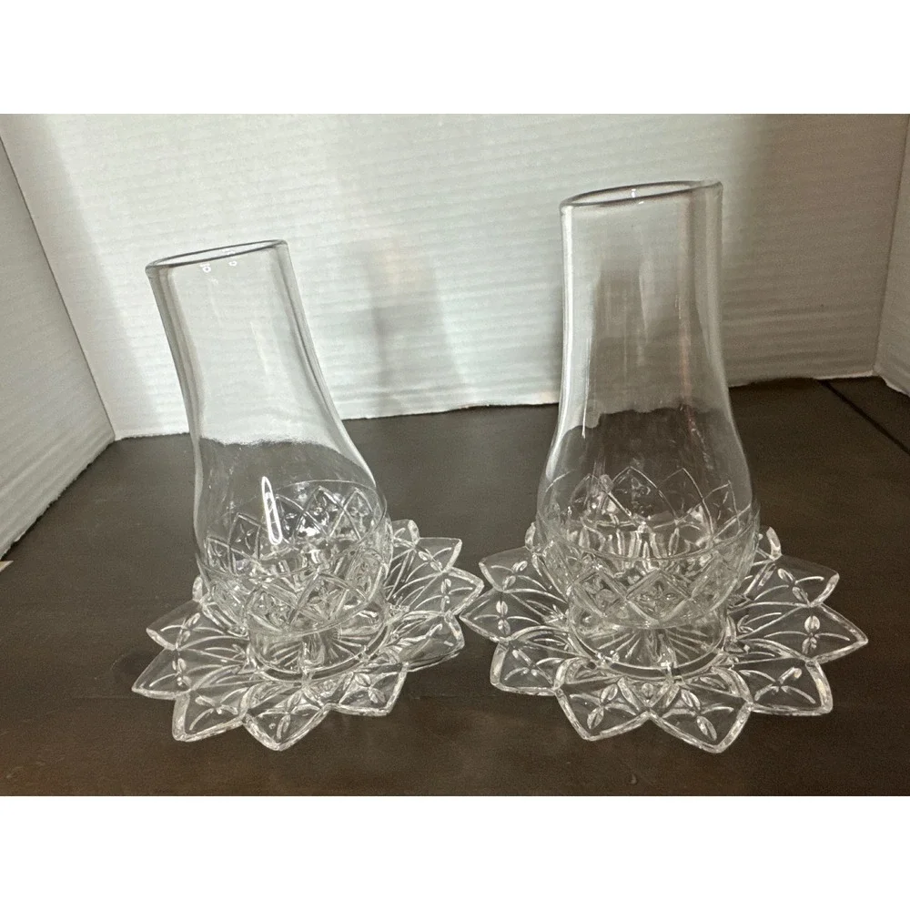 Federal Glass Petal Hurricane Candle Holder Set Clear Chimney Vintage MCM 2pc